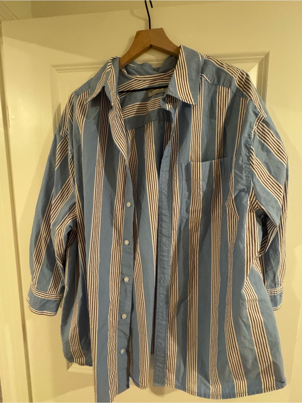 Everlane Blue and Cream and Brown oversized  Striped Button-Up Shirt